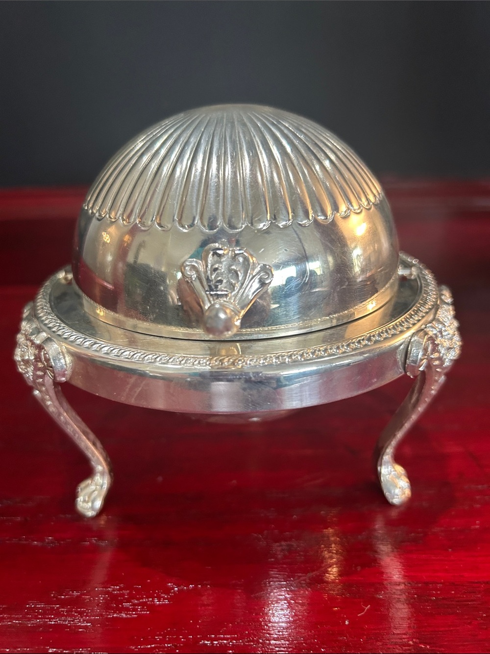 Antique 1883 F.B. Rogers Silver-Plated Roll-Top Butter Dish with Lion Feet